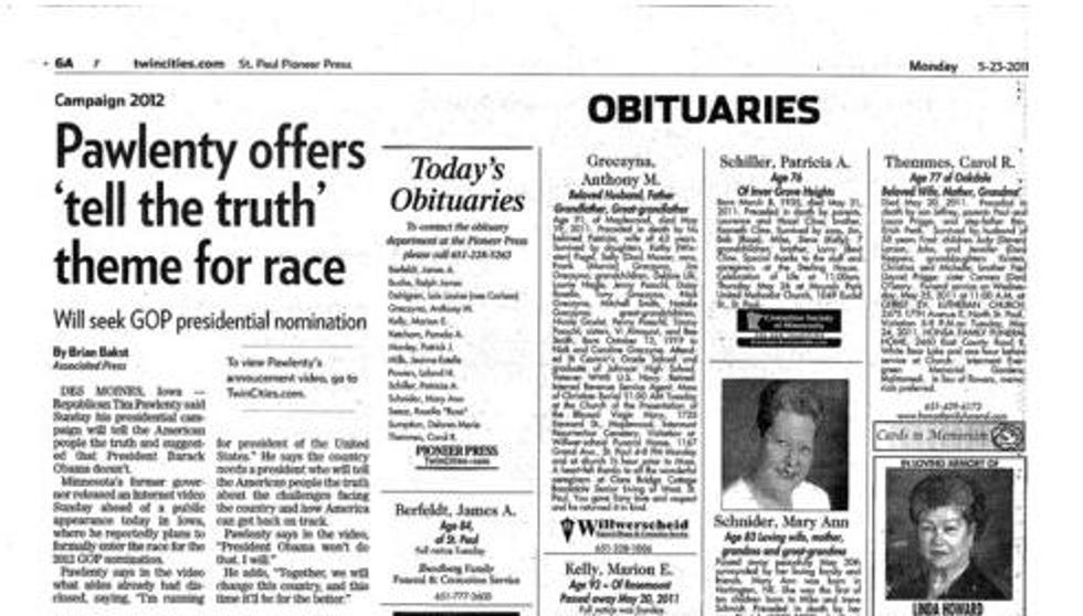 Minnesota Newspaper Puts Pawlenty's Campaign Announcement On Obituary Page