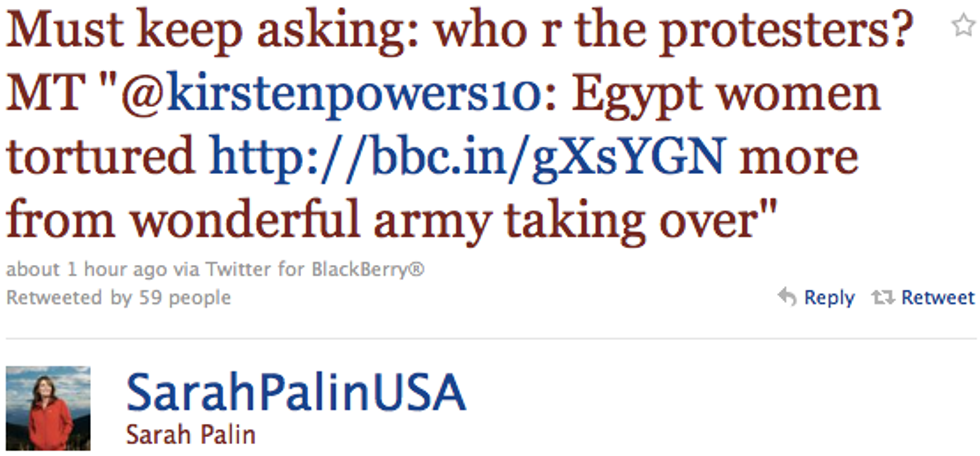 Sarah Palin Still Standing Behind Hosni Mubarak