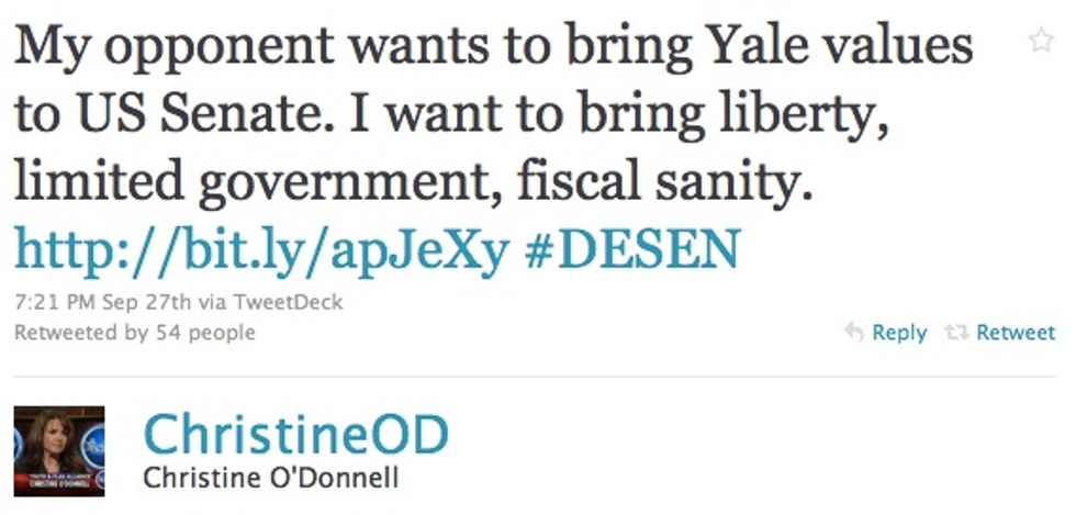 Oxford Wannabe Christine O'Donnell Opposed To 'Yale Values,' On Twitter