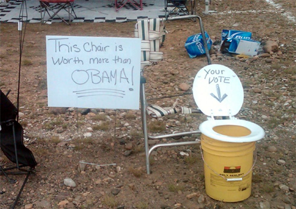 Busted Lawn Chair & Toilet Bucket Represent Obama, America