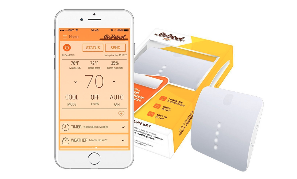 Picture of AirPatrol, a smart air conditioner controller  and their app.