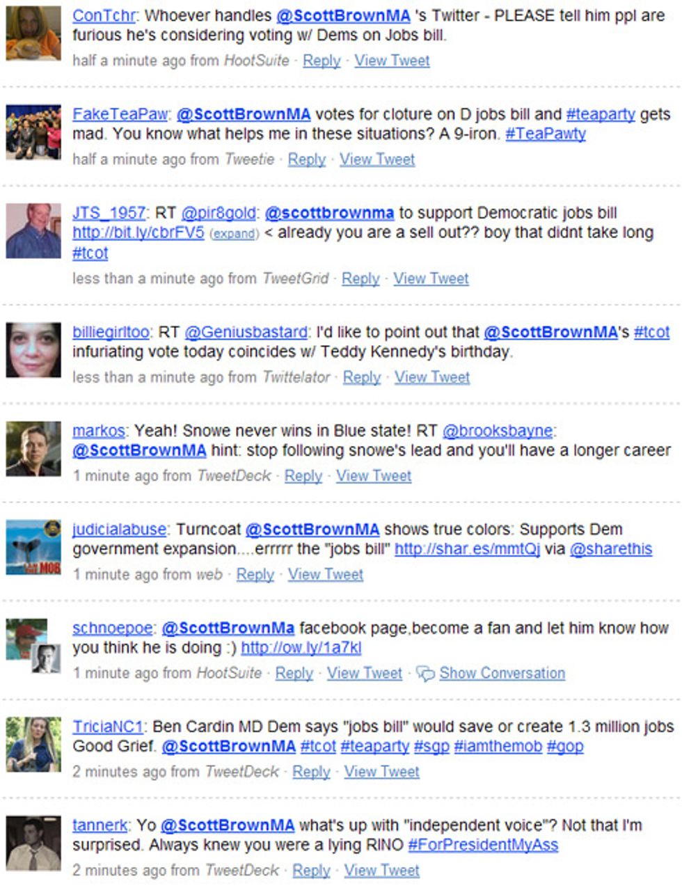 Scott Brown Votes For Jobs Bill, Wingnuts Go Nuts On Twitter