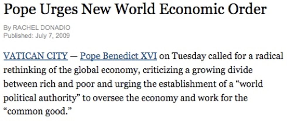 Teabagger Alert: Pope Ratzi Creating Newer 'New World Order'