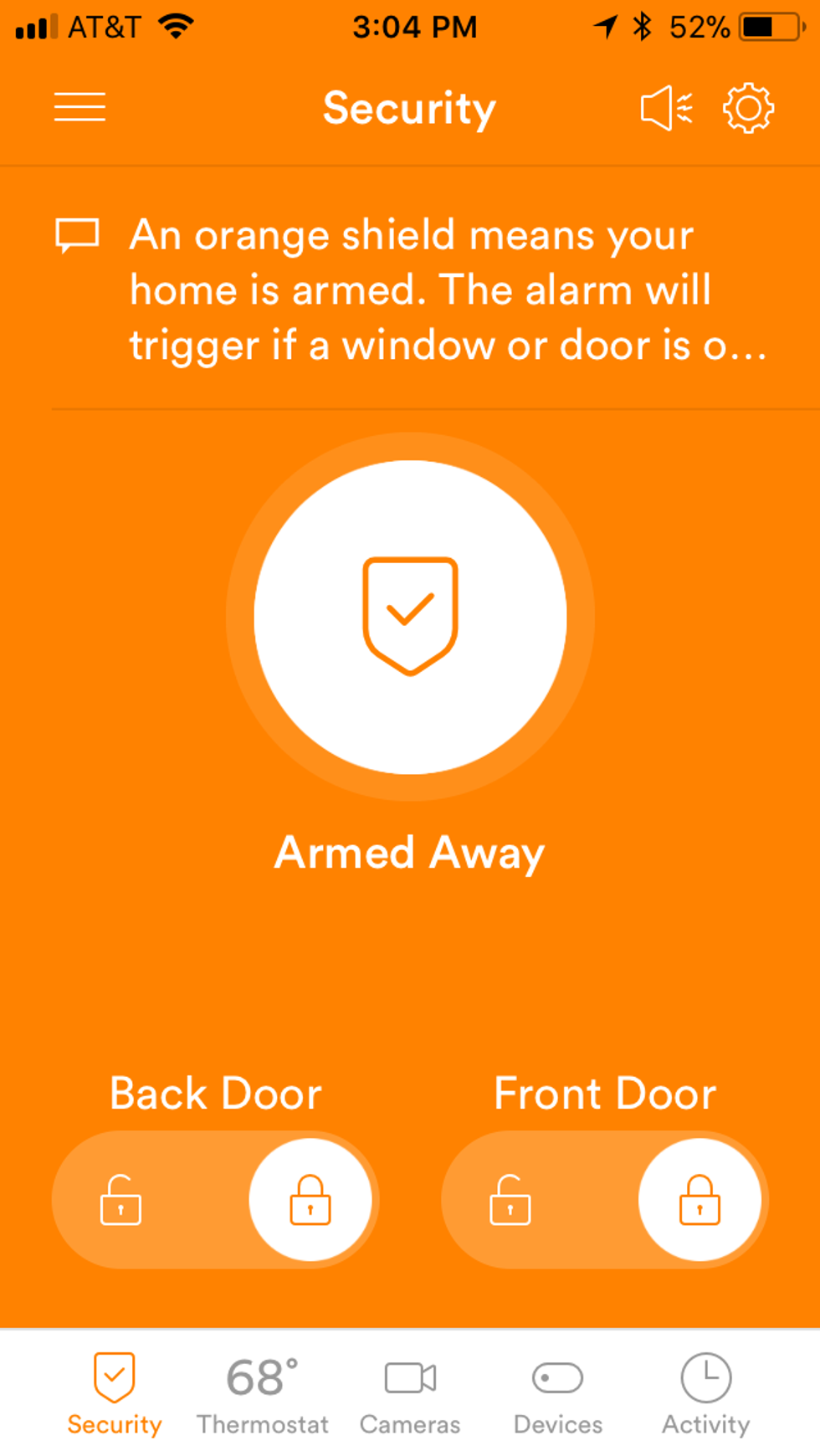 Vivint mobile app showing dashboard color orange which means Vivint Smart Home system is armed.