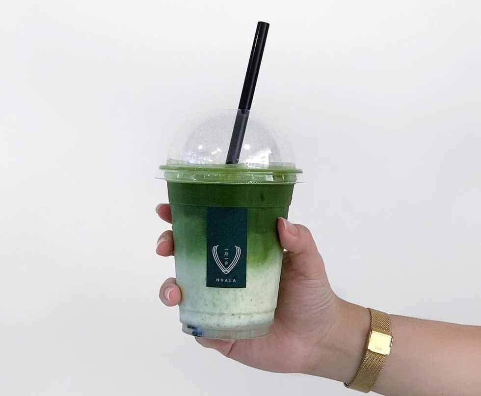 matcha, drink, hand