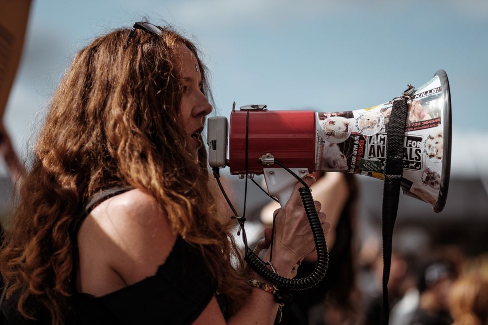 Woman speaking on megaphone