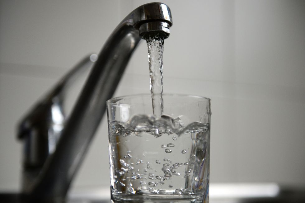 Pouring a glass of water from the faucet.