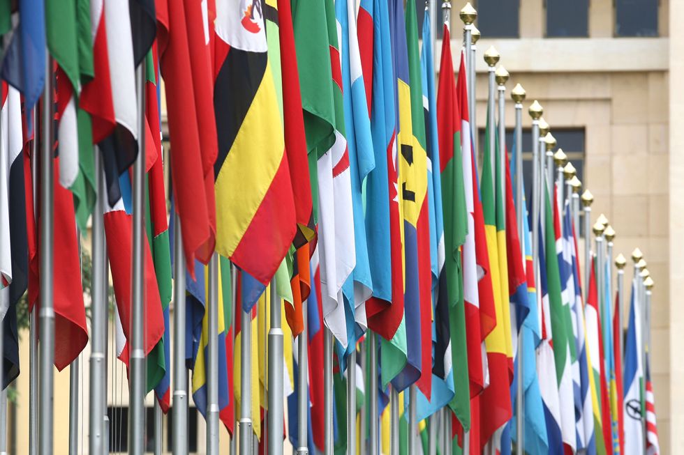 Flags in front of the UN in Geneva