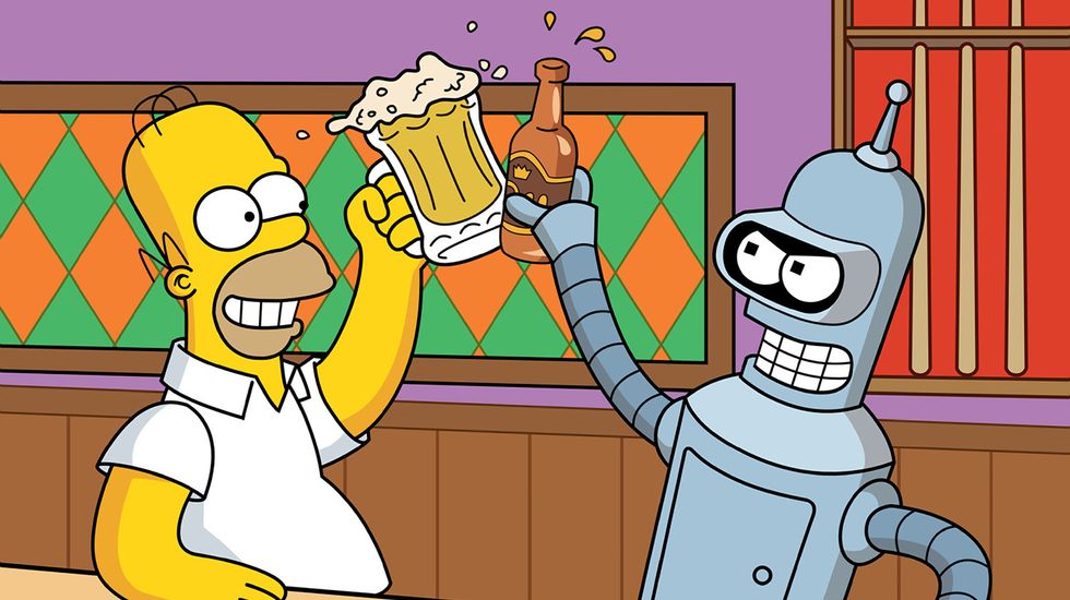 Homer Simpson and the robot Bender from Futurama having a beer. Image: Bongo Entertainment Inc.