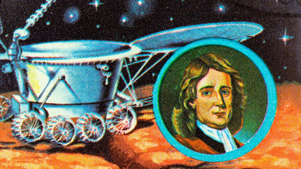 A stamp printed in Laos from the "Space Exploration " issue shows Newton and Lunokhod 2, circa 1984.