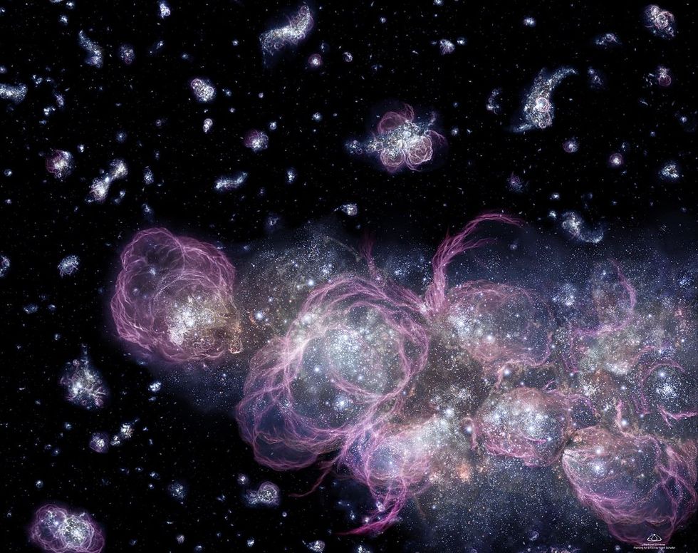 Protogalaxies colliding after the Big Bang.
