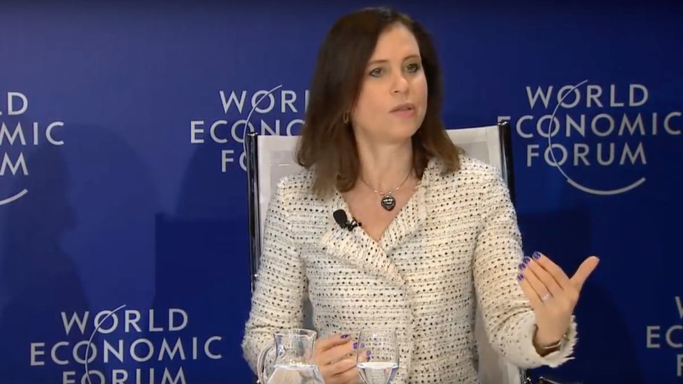 Editor in Chief of USA Today Joanne Lipman in discussion with Gary Barker and Saadia Zahidi at Davos 2018.