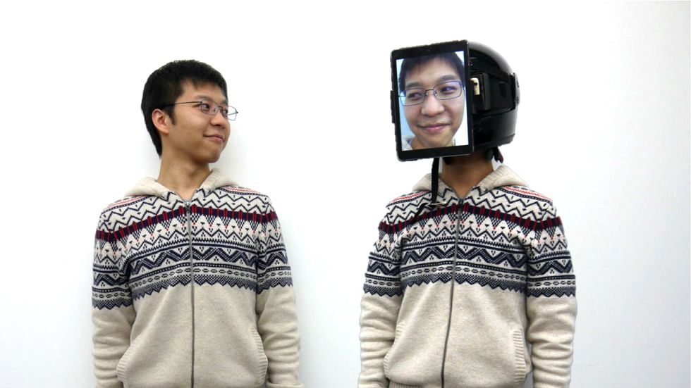 A developer demonstrates a telepresence technology called ChameleonMask