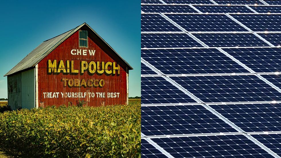 A tobacco ad on the side of a barn, versus a solar energy farm.
