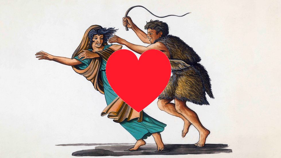 A young man dressed in sheepskin leather whipping a girl for fun, Lupercalia pastoral festival, drawing, Roman civilization, 2nd-1st century BC. (Getty Images)