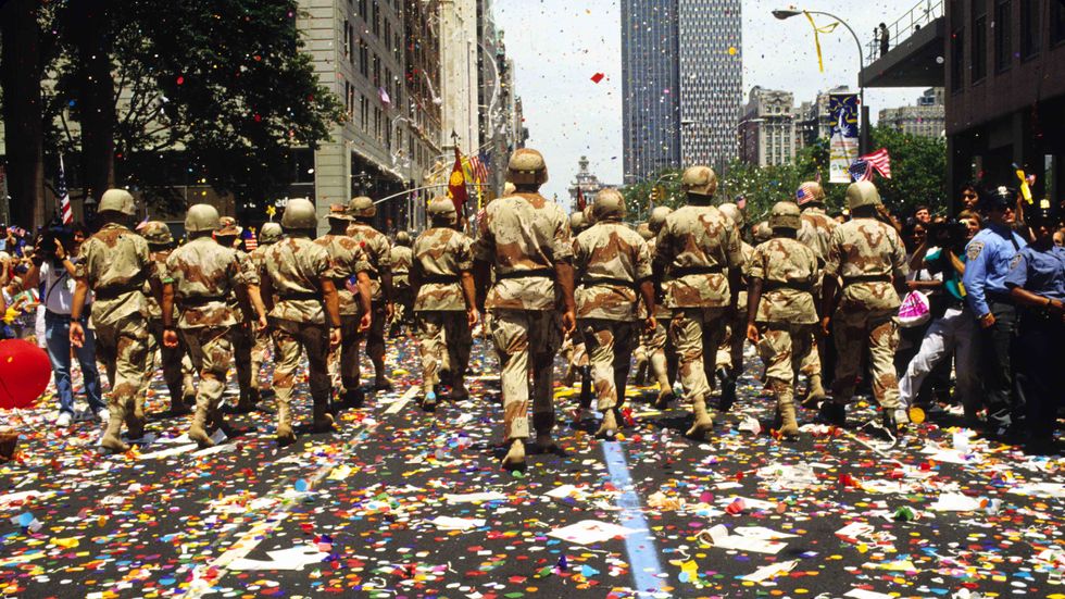 Veterans of the Gulf War's 'Operation Desert Storm' march up Broadway's 'Canyon of Heroes,' in the Financial District of lower Manhattan. (ANDREW HOLBROOKE/Corbis via Getty Images)