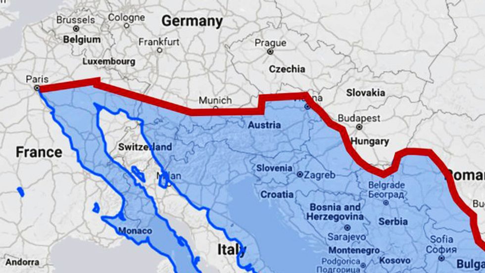 U.S. border wall with Mexico overlaid on a map of Europe (Reddit)