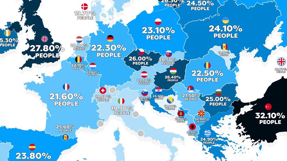 Map of Adult Obesity Rates in European countries (BMI>30)