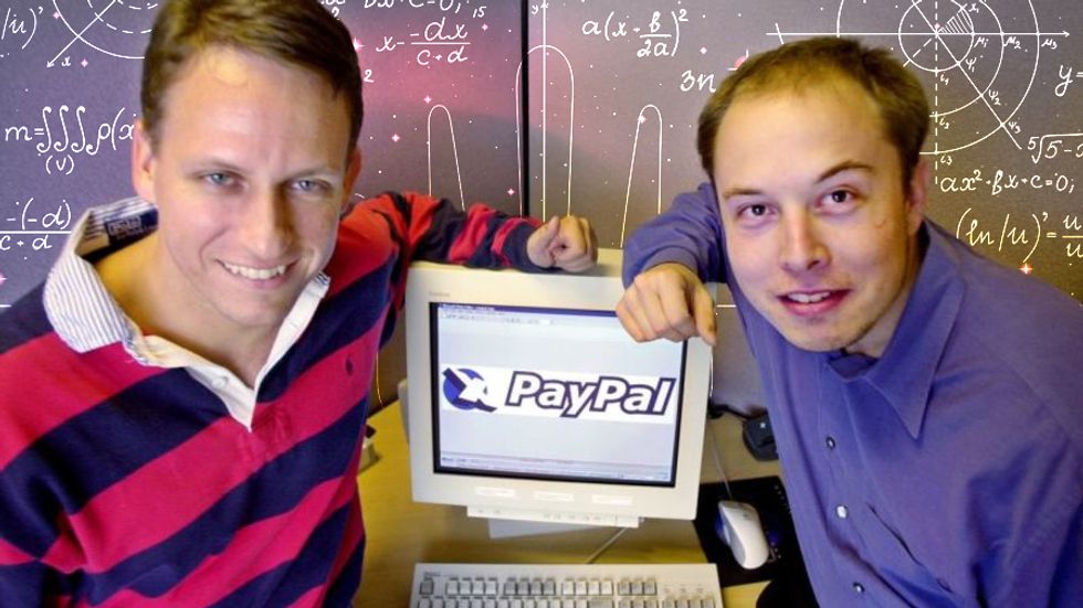PayPal CEO Peter Thiel, left, and founder Elon Musk, right, at Paypal corporate headquarters in Palo Alto, CA on October 20, 2000. Credit: AP