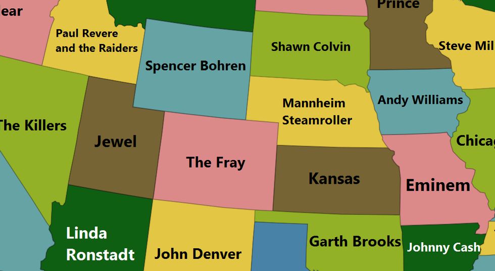 An intriguing map of America's best-selling artists, by state of birth