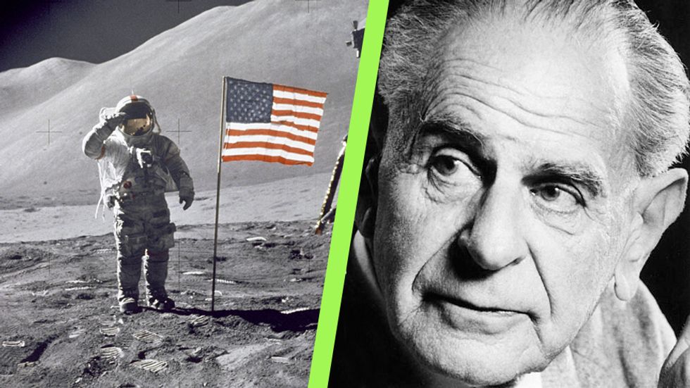 Astronaut David R. Scott, commander, gives a military salute while standing beside the deployed U.S. flag during the Apollo 15 lunar surface extravehicular activity (EVA) at the Hadley-Apennine landing site. Right: Karl Popper (Wikimedia Commons/NASA/Big