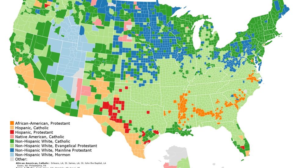 Peek at map showing the dominant religion in each U.S. county