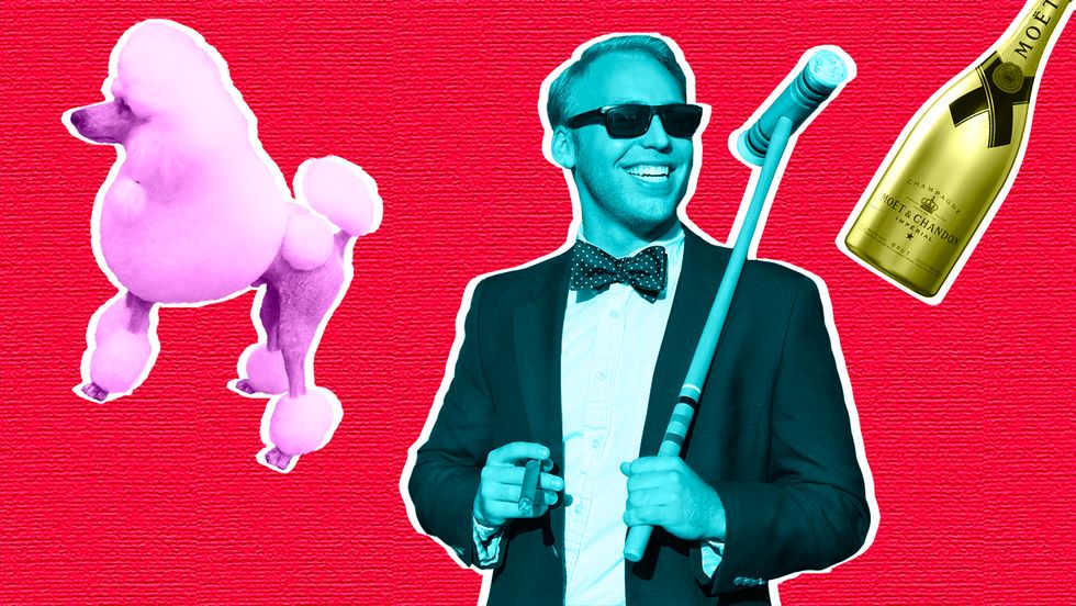 Rich guy with a poodle, cigar, and croquet mallet.