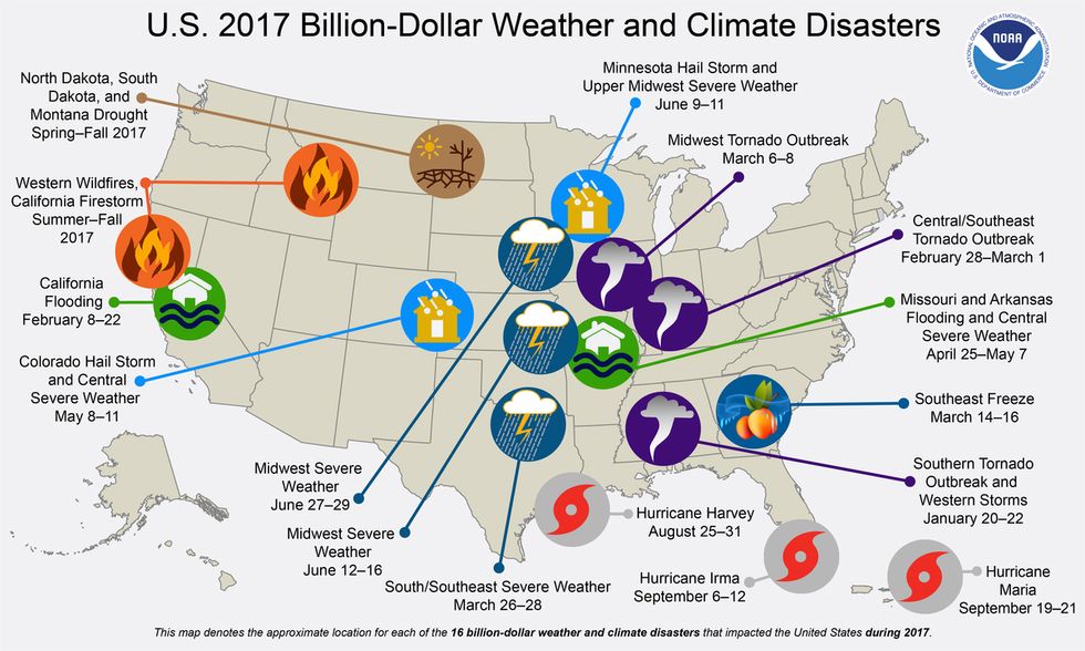 This map shows 16 weather and climate disasters in the U.S. in 2017 that caused 362 direct fatalities in total, and each exceeded $1 billion in losses. (Credit: NOAA)