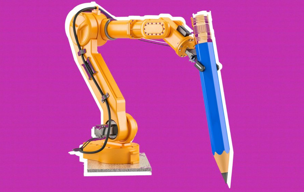 An automated robot holding a pencil, ready to file on deadline. (Shutterstock/Big Think)