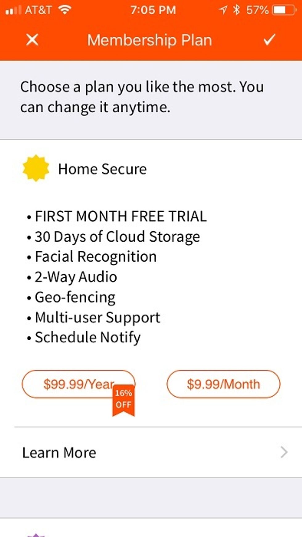 picture of ooma butterfleye membership plan in app.