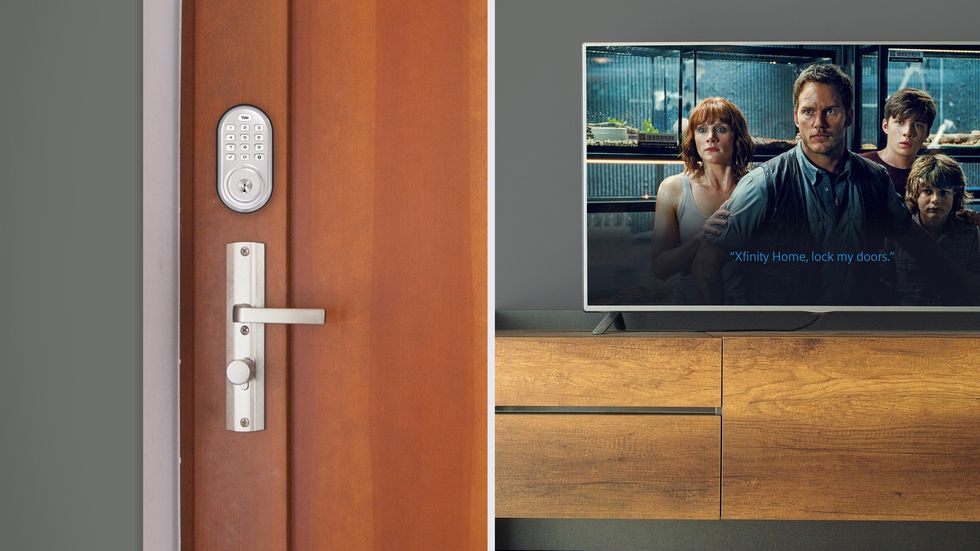 Photo of Yale Smart lock on a door with TV connected to Xfinity in the background.