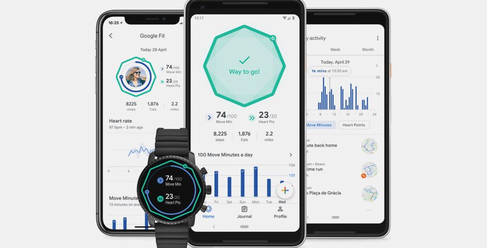 Picture of Google fit smartwatch and their app on smartphone.