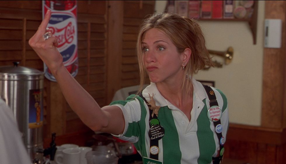 Jennifer Anniston as TGI Fridays waitress 'Joanna' quits her job in the 1999 film 'Office Space'.