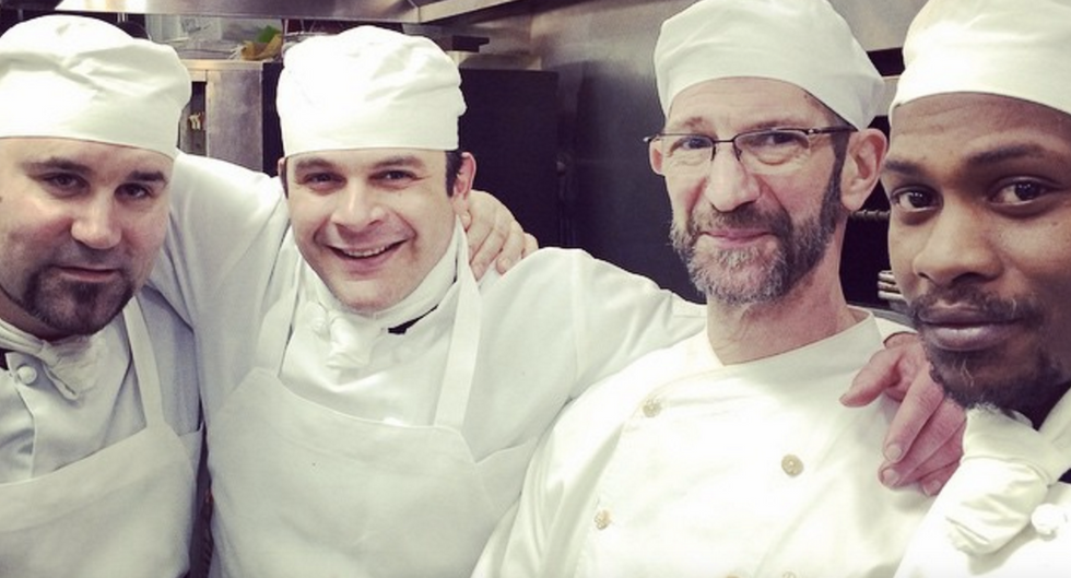Chef David Waltuck with a few students at Edwins restaurant in Cleveland. (Image: Edwins Instagram @edwinscle)