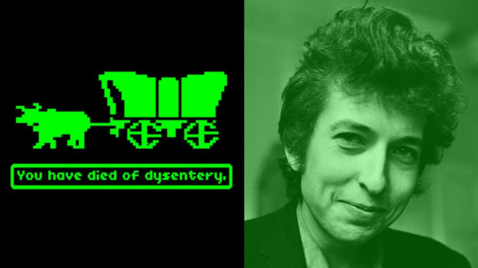 A screenshot of the computer game The Oregon Trail and a photograph of Bob Dylan.