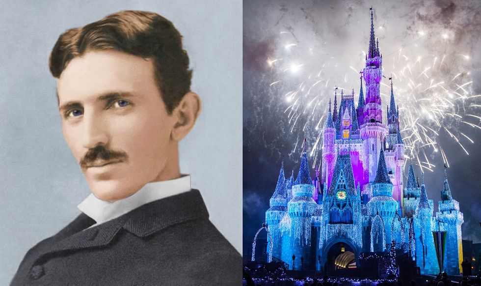 On the left, Serbian-American inventor Nikola Tesla. On the right, the Disney castle.