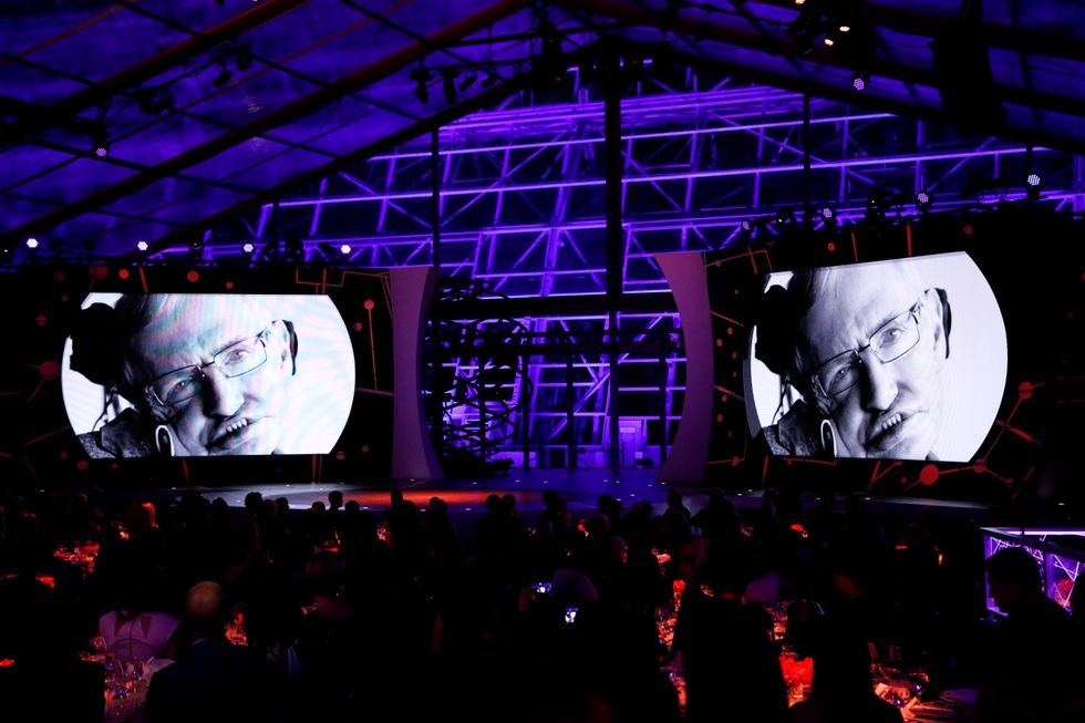 Stephen Hawking giving a speech.