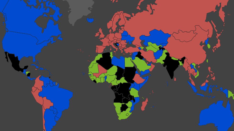 Map of the world color-coded by each nation's passport color