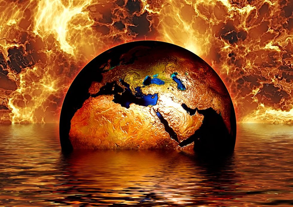 Earth on fire and sinking into water.
