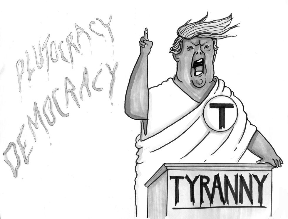 Cartoon of Donald Trump with a T for tyranny on his chest