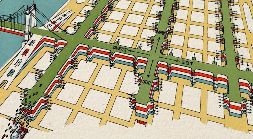 An illustrated map of New York City with four layers of highway traffic