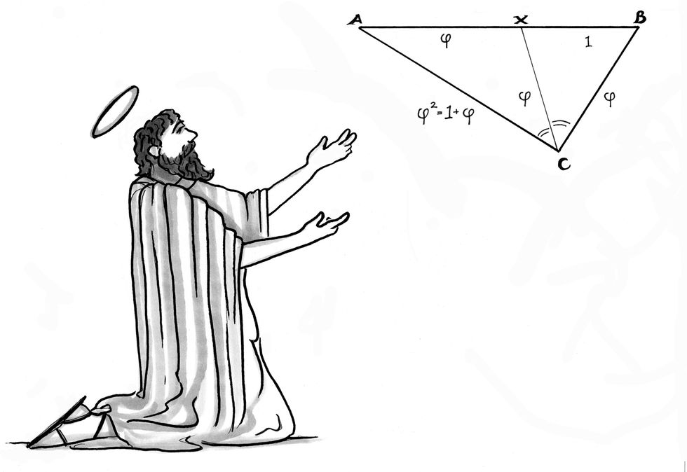 A man worshipping a triangle with mathematic equations around it.