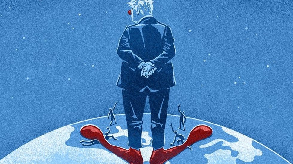 A cartoon of Boris Johnson on top of the world with clown shoes on - or is it his doppelganger Donald Trump?