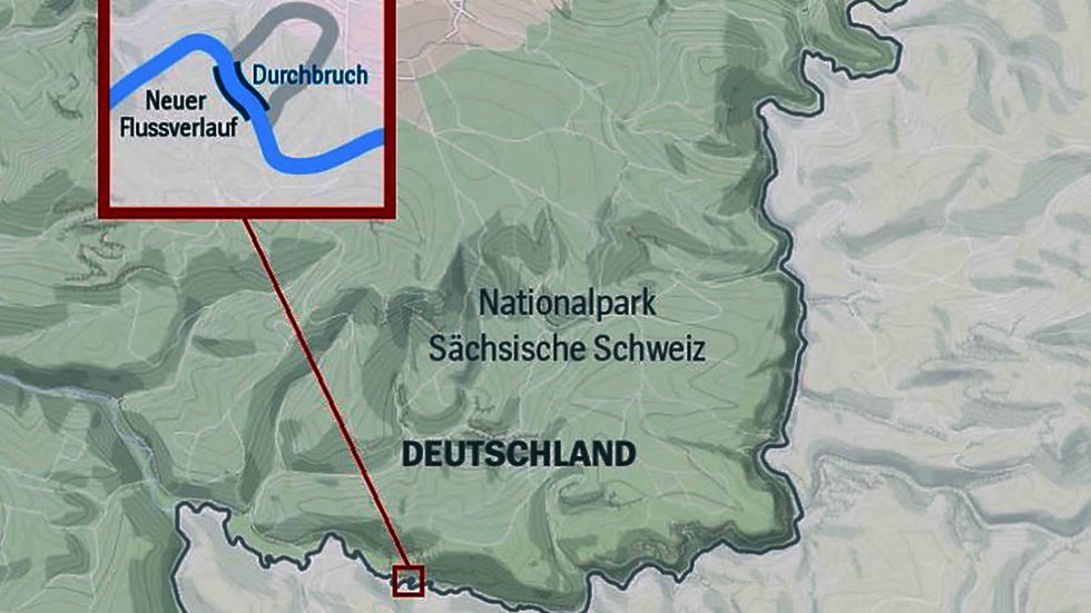 A map of Germany, with an arrow pointing to the Kirnitzsch River.