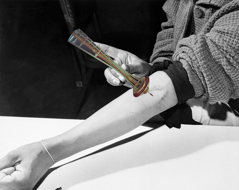 A person injecting the Space Needle into their arm, in the style of heroin.