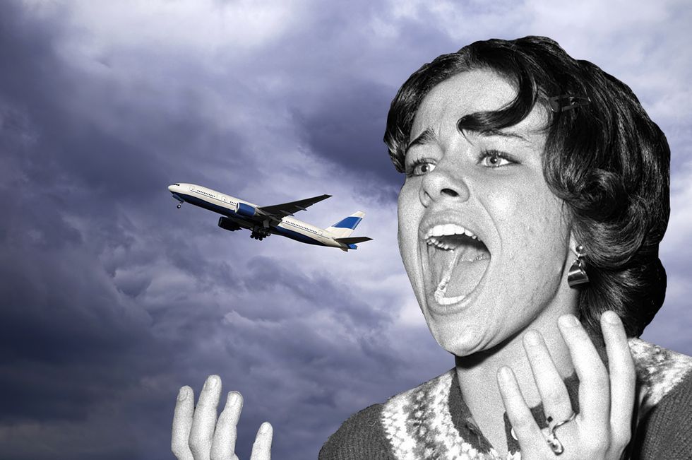 A woman in panic screaming at an airplane taking off – i.e. over nothing.