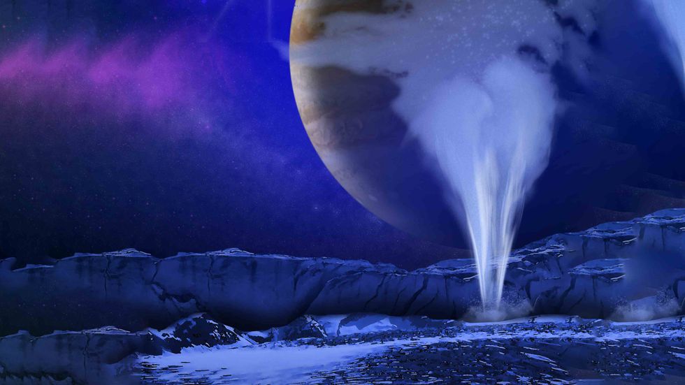 Artist's concept of Europa water vapor plume (Wikimedia Commons)