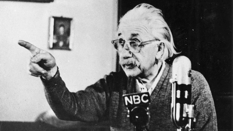 circa 1955: Mathematical physicist Albert Einstein (1879 - 1955) delivers one of his recorded lectures. (Photo by Keystone/Getty Images)