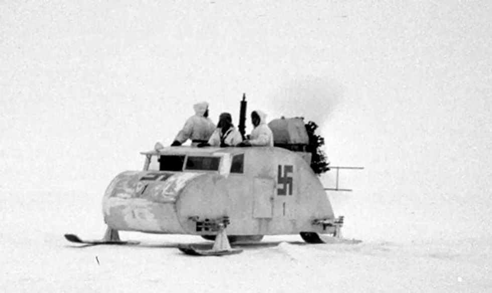 Propeller-driven snowmobile near Haapasaari, Finland. The swastika was used as the official national marking of the Finnish Air Force and Tank Corps between 1918 and 1945. (SA-kuva)
