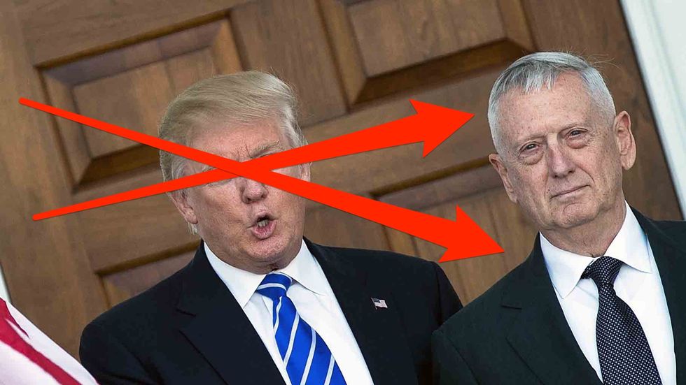 President Donald Trump welcomes retired United States Marine Corps general James Mattis as they pose for a photo before their meeting at Trump International Golf Club. (Photo by Drew Angerer/Getty Images)